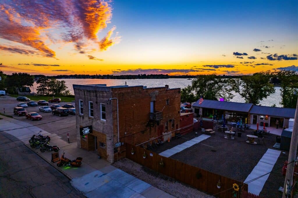 A drone view of The thirsty beaver building and party yard.