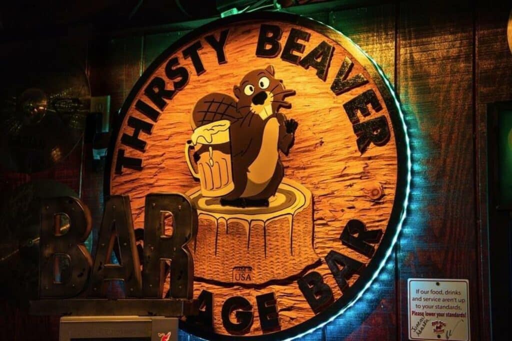 Thirsty Beaver garage bar sign.