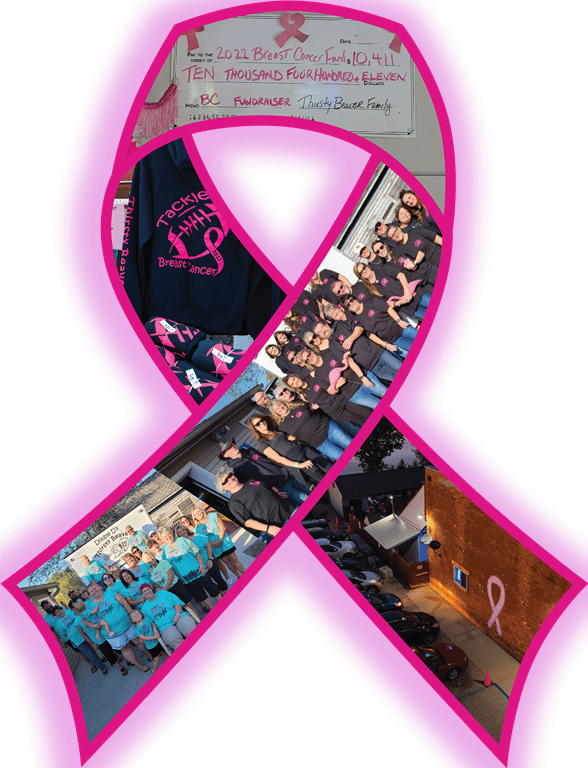 A pink breast cancer ribbon filled with images.